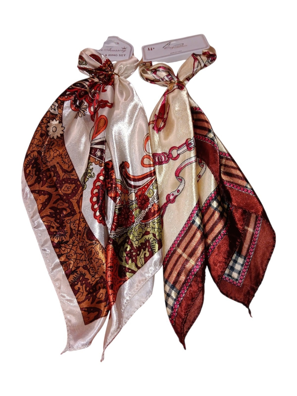 #74 Silky Paisley & Plaid Twin Scarf Set - Brown, Cream, Burgundy